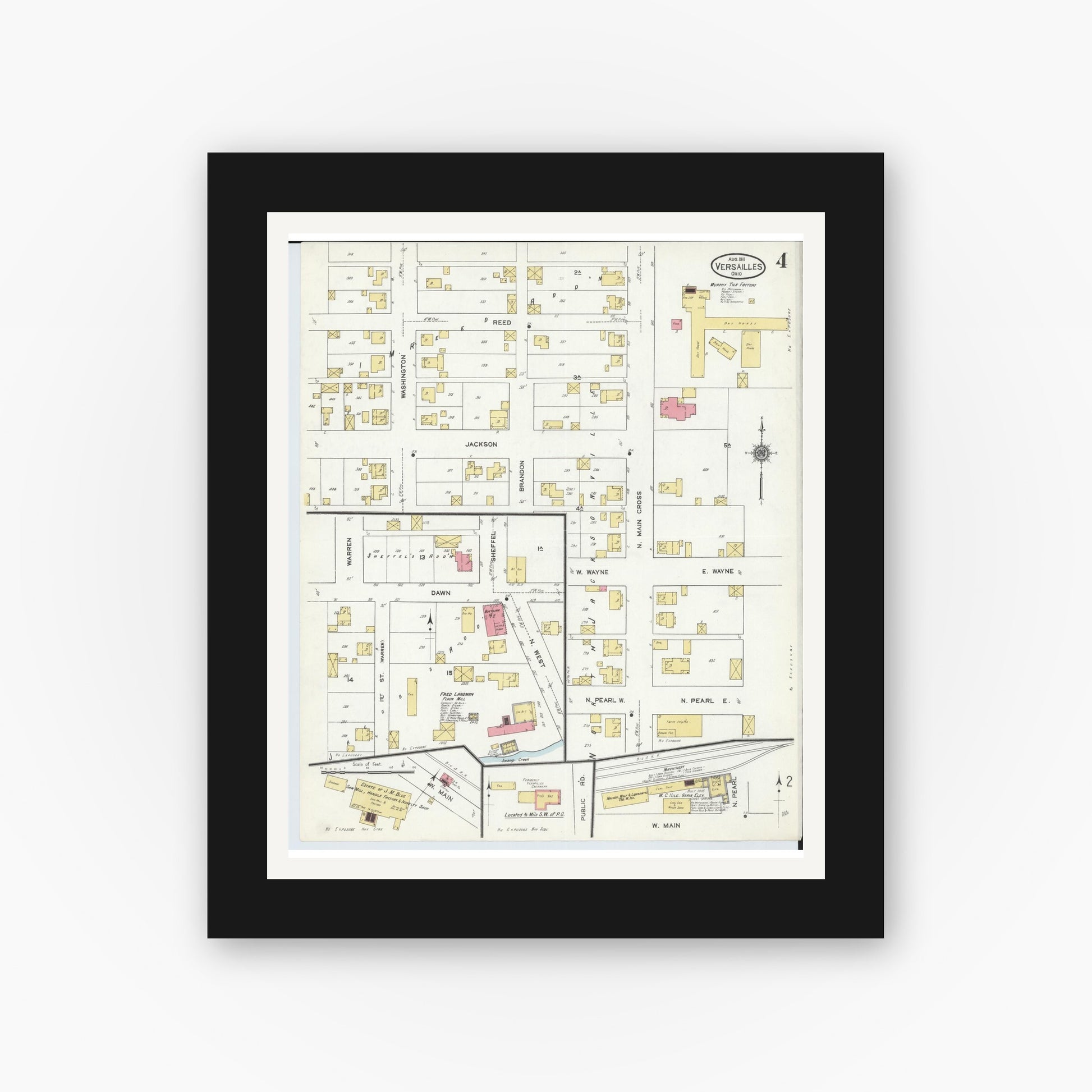 Old map wall art mockup — black gallery frame with white mat — Sanborn Fire Insurance Map from Versailles, Darke County, Ohio (1911), Sheet #0004