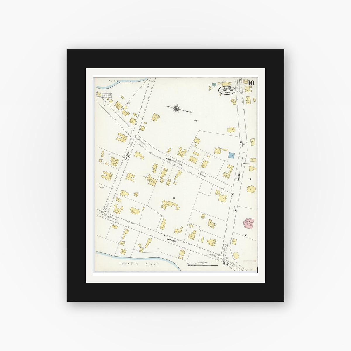 Old map wall art mockup — black gallery frame with white mat — Sanborn Fire Insurance Map from Uxbridge, Worcester County, Massachusetts (1909), Sheet #0010