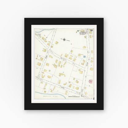 Old map wall art mockup — black gallery frame with white mat — Sanborn Fire Insurance Map from Uxbridge, Worcester County, Massachusetts (1909), Sheet #0010