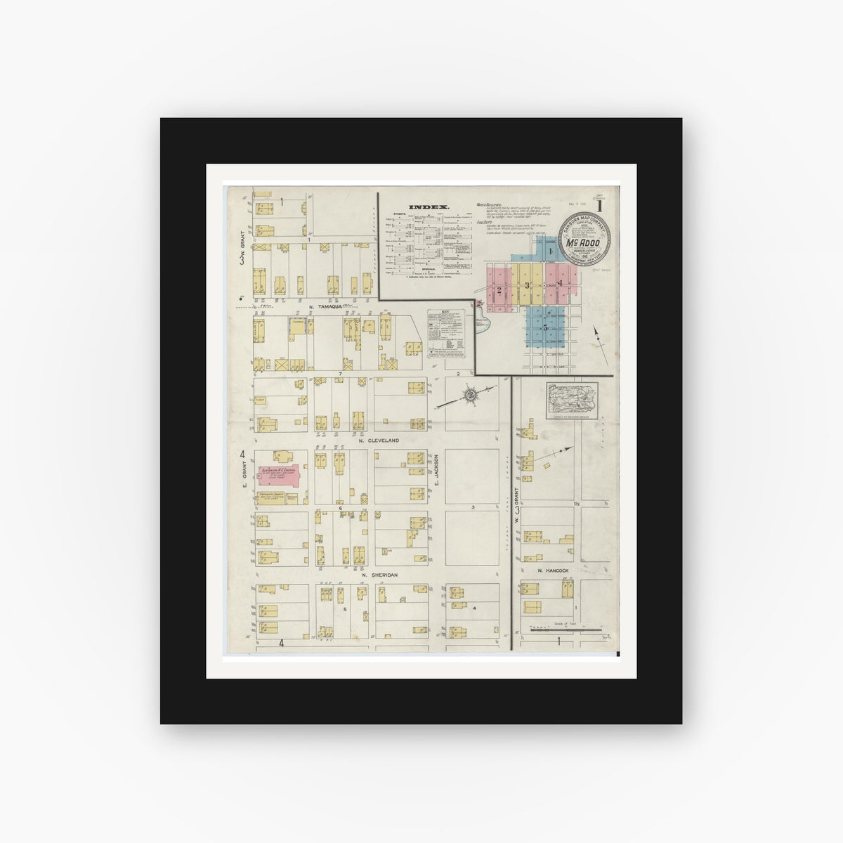 Old map wall art mockup — black gallery frame with white mat — Sanborn Fire Insurance Map from McAdoo, Schuylkill County, Pennsylvania (1912), Sheet #0001