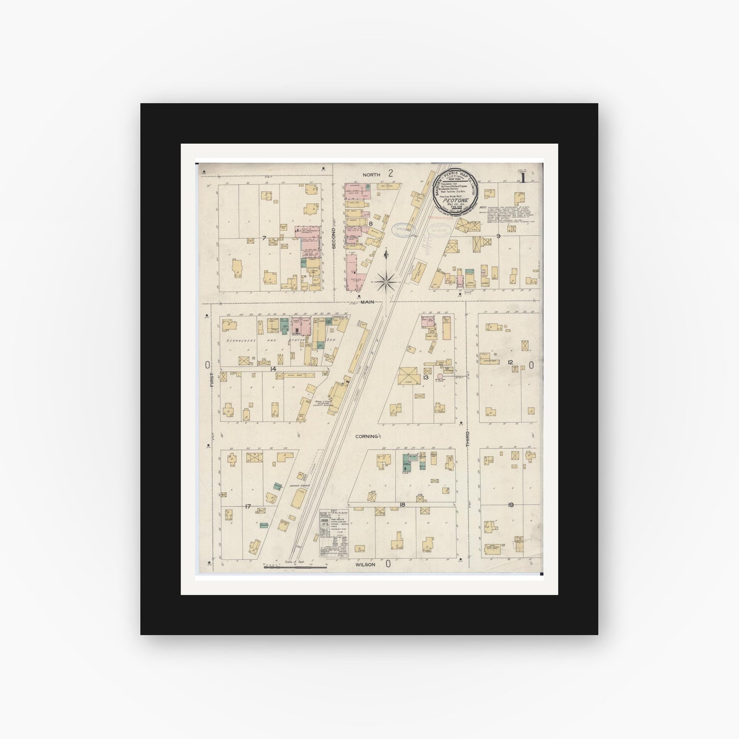 Old map wall art mockup — black gallery frame with white mat — Sanborn Fire Insurance Map from Peotone, Will County, Illinois (1898), Sheet #0001