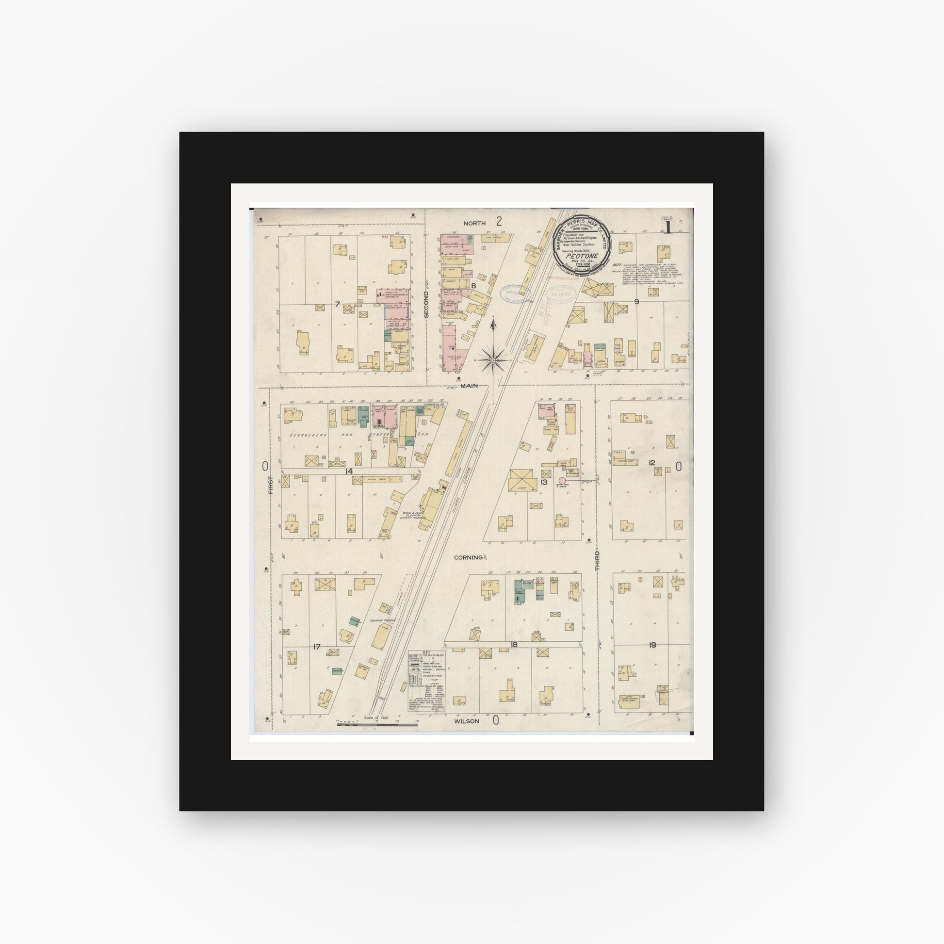 Old map wall art mockup — black gallery frame with white mat — Sanborn Fire Insurance Map from Peotone, Will County, Illinois (1898), Sheet #0001