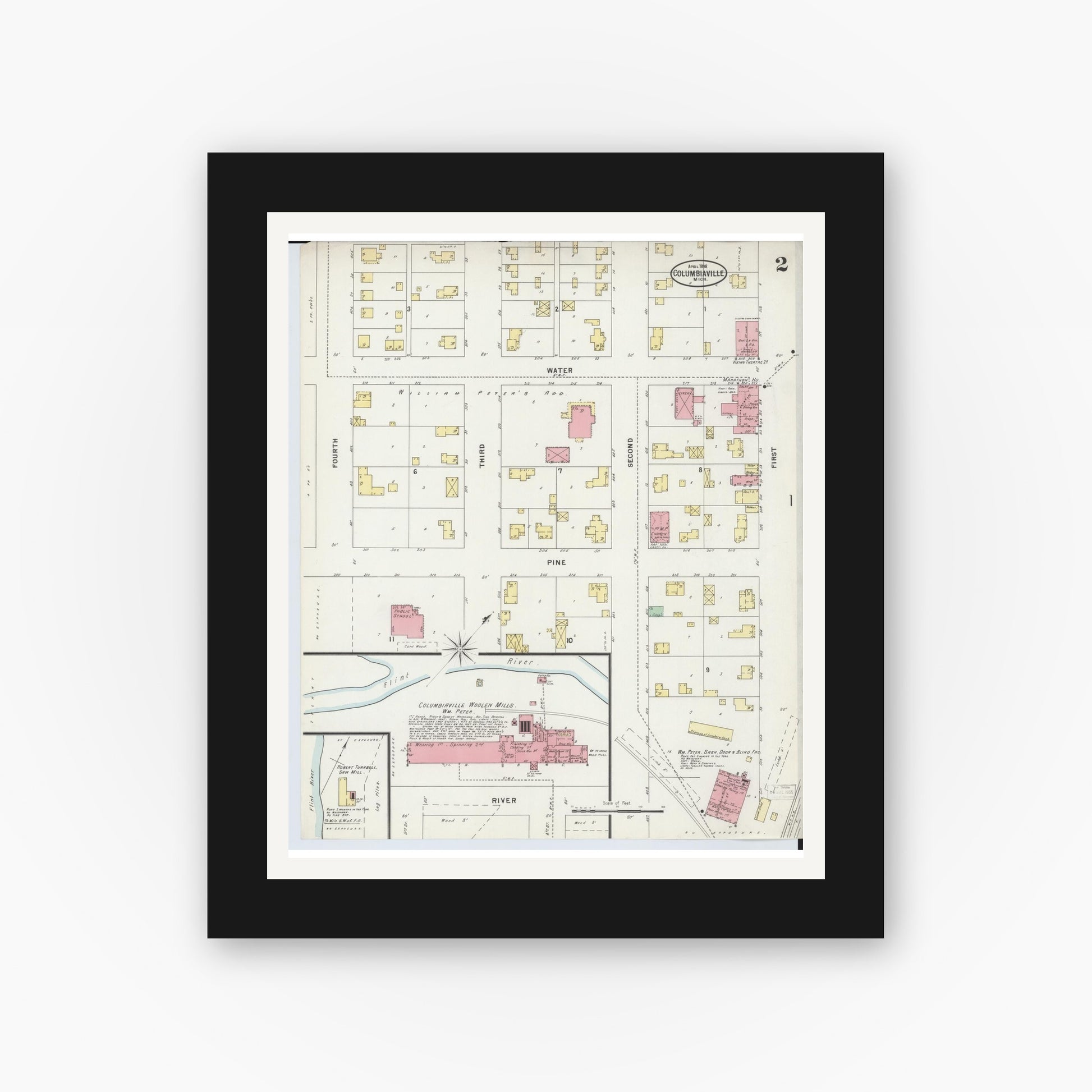 Old map wall art mockup — black gallery frame with white mat — Sanborn Fire Insurance Map from Columbiaville, Lapeer County, Michigan (1898), Sheet #0002