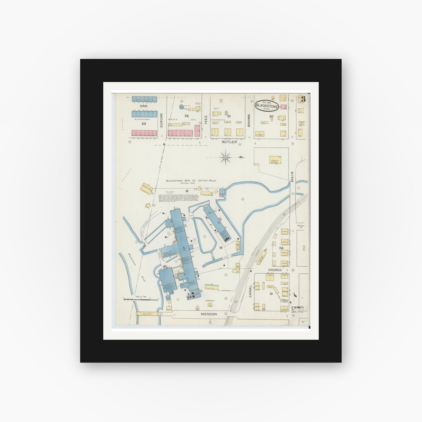 Old map wall art mockup — black gallery frame with white mat — Sanborn Fire Insurance Map from Blackstone, Worcester County, Massachusetts (1893), Sheet #0003