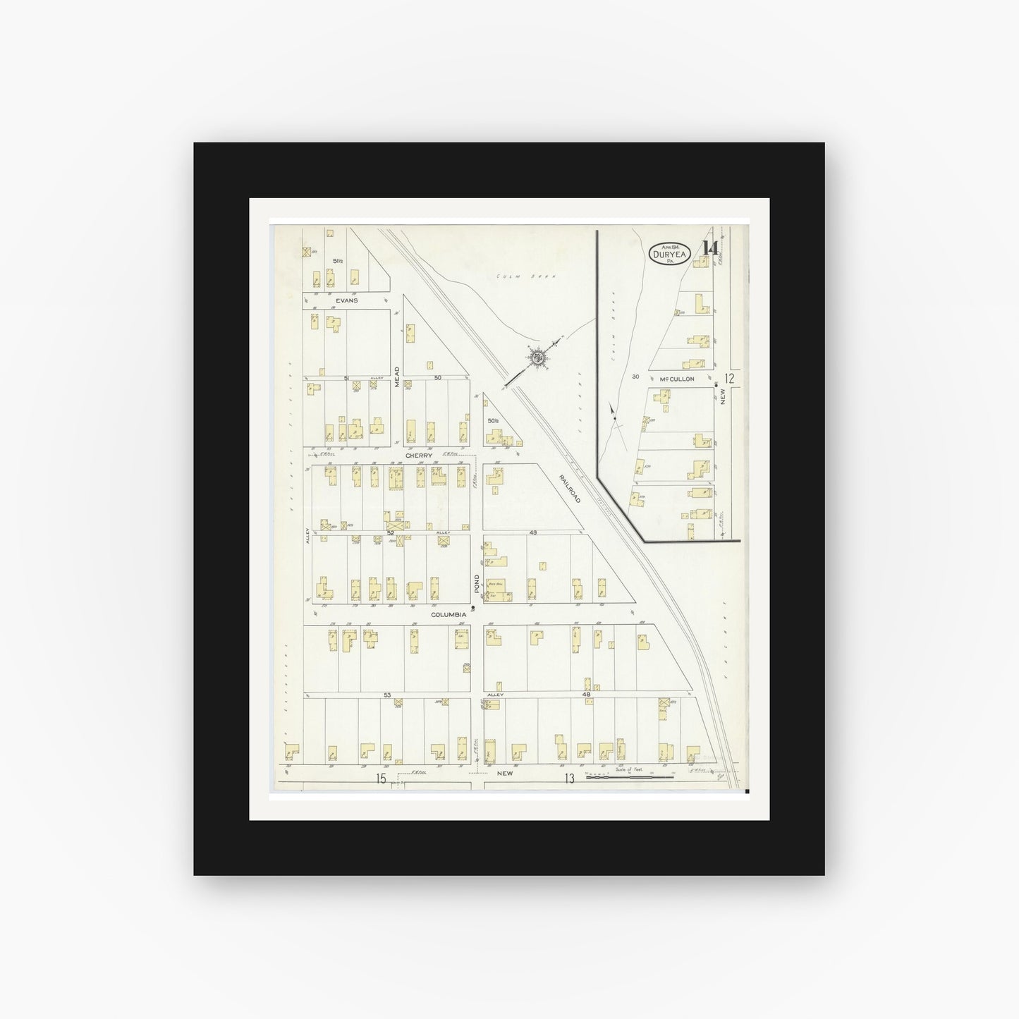 Old map wall art mockup — black gallery frame with white mat — Sanborn Fire Insurance Map from Duryea, Luzerne County, Pennsylvania (1914), Sheet #0014
