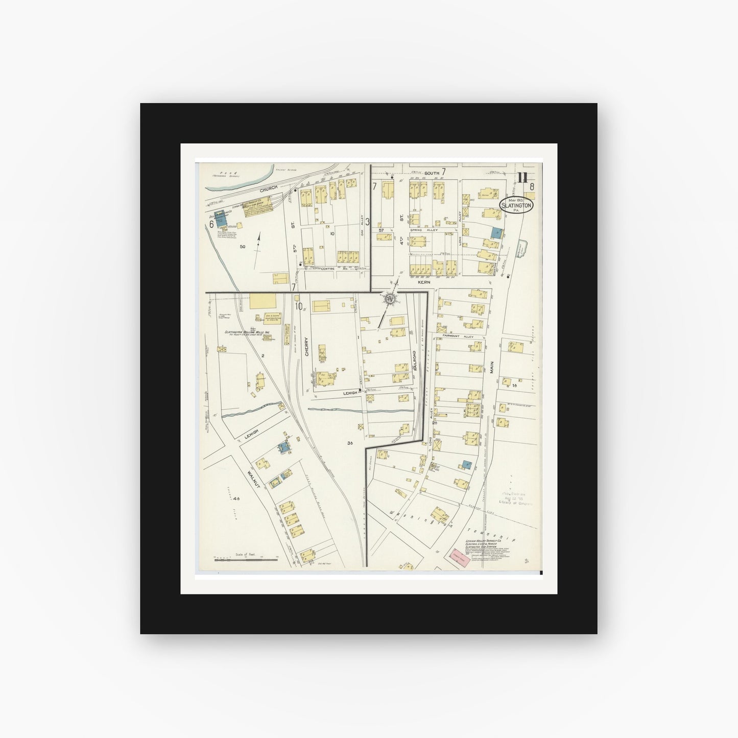 Old map wall art mockup — black gallery frame with white mat — Sanborn Fire Insurance Map from Slatington, Lehigh County, Pennsylvania (1913), Sheet #0011