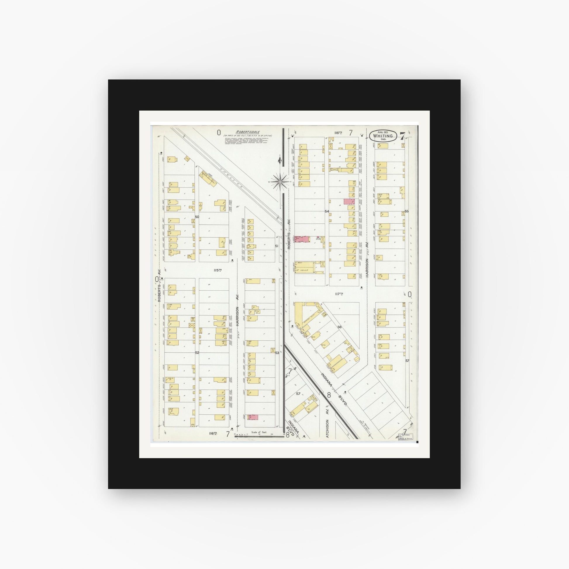 Old map wall art mockup — black gallery frame with white mat — Sanborn Fire Insurance Map from Whiting, Lake County, Indiana (1901), Sheet #0007