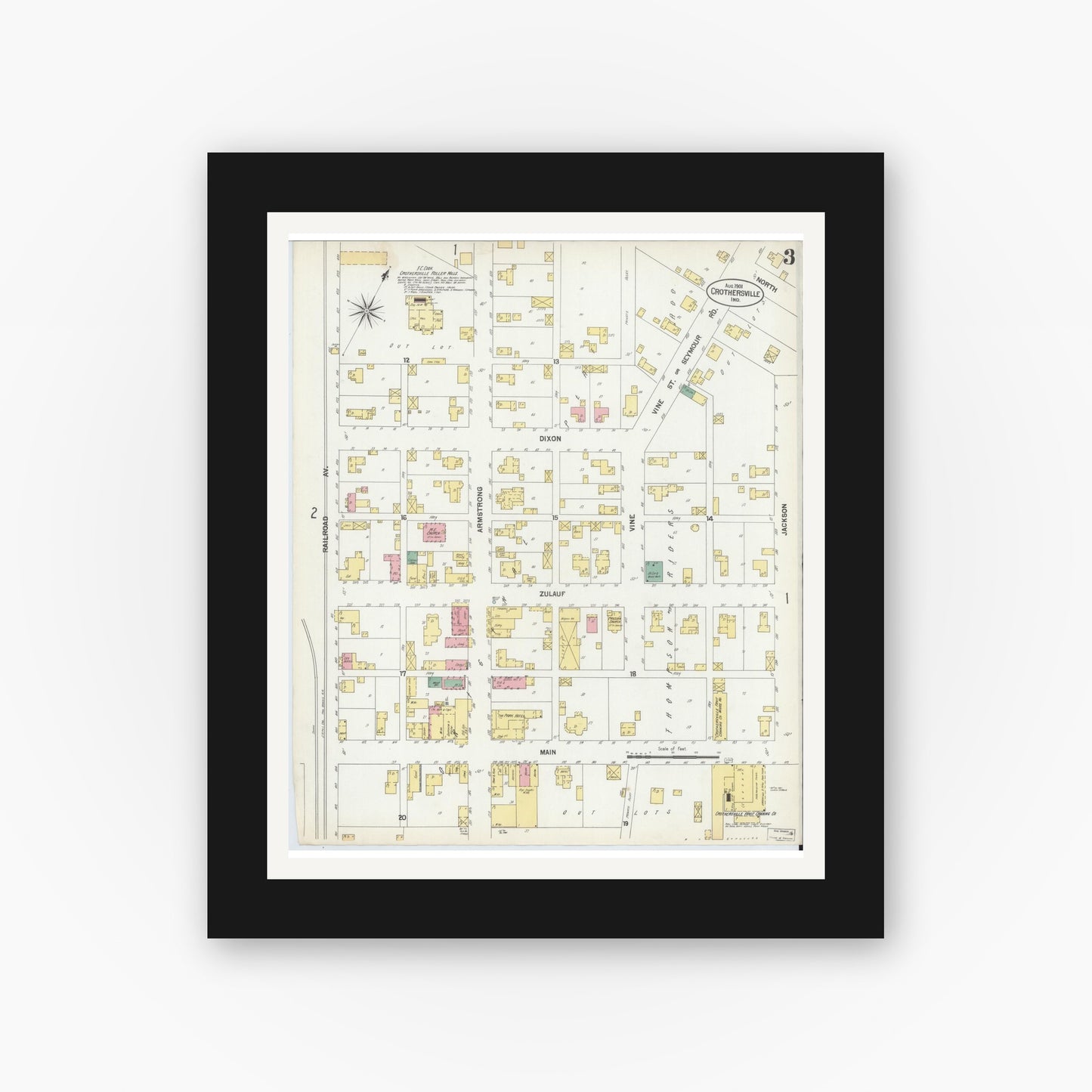 Old map wall art mockup — black gallery frame with white mat — Sanborn Fire Insurance Map from Crothersville, Jackson County, Indiana (1901), Sheet #0003
