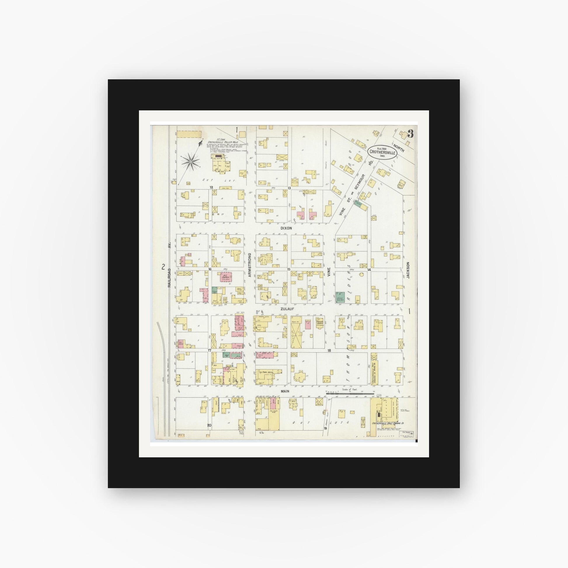 Old map wall art mockup — black gallery frame with white mat — Sanborn Fire Insurance Map from Crothersville, Jackson County, Indiana (1901), Sheet #0003
