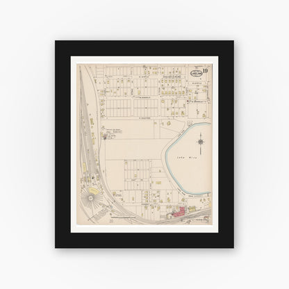 Old map wall art mockup — black gallery frame with white mat — Sanborn Fire Insurance Map from Lakeland, Polk County, Florida (1922), Sheet #0019