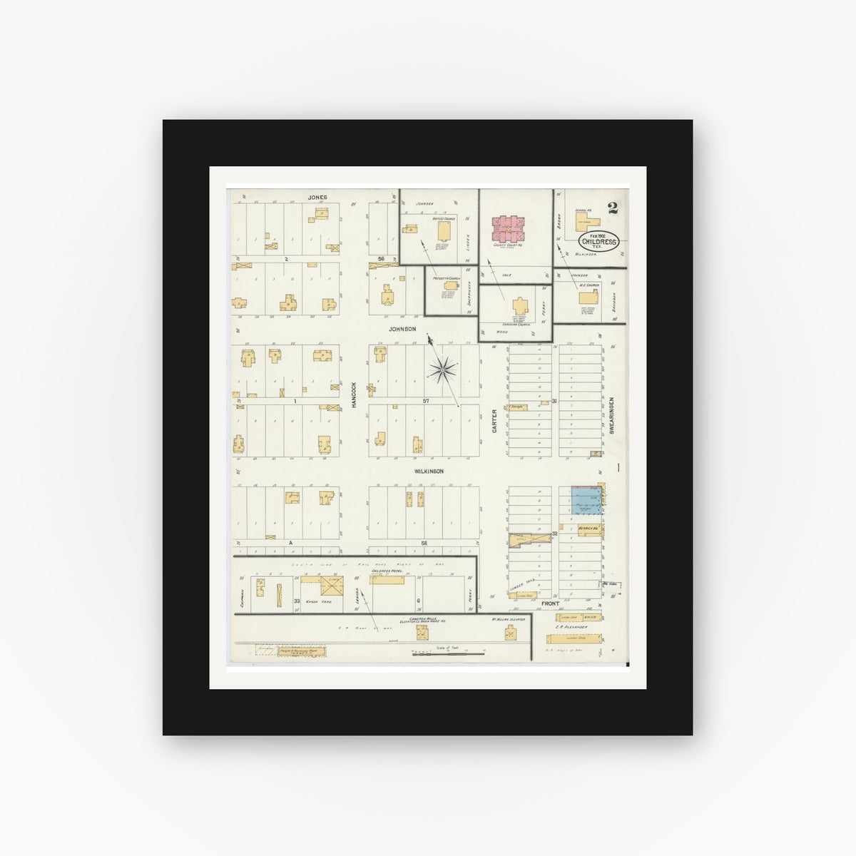 Old map wall art mockup — black gallery frame with white mat — Sanborn Fire Insurance Map from Childress, Childress County, Texas (1902), Sheet #0002