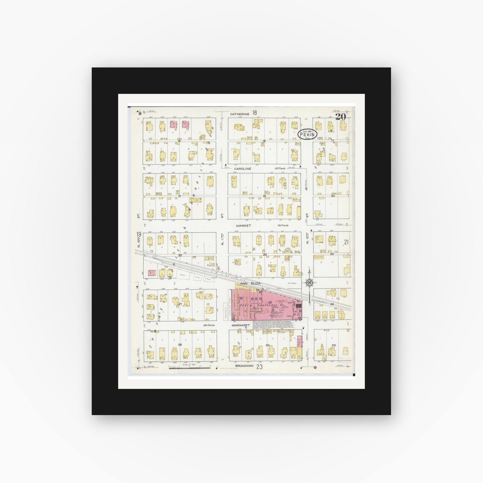 Old map wall art mockup — black gallery frame with white mat — Sanborn Fire Insurance Map from Pekin, Tazewell County, Illinois (1916), Sheet #0020