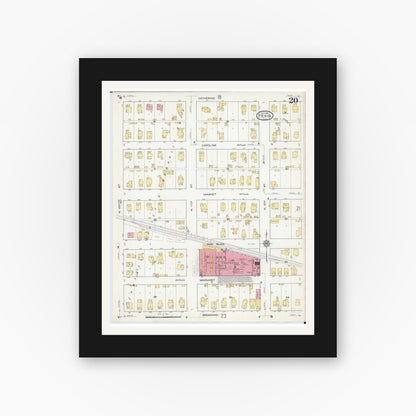 Old map wall art mockup — black gallery frame with white mat — Sanborn Fire Insurance Map from Pekin, Tazewell County, Illinois (1916), Sheet #0020