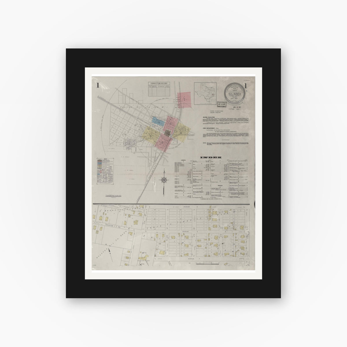 Old map wall art mockup — black gallery frame with white mat — Sanborn Fire Insurance Map from Silsbee, Hardin County, Texas (1937) - Complete Map Set