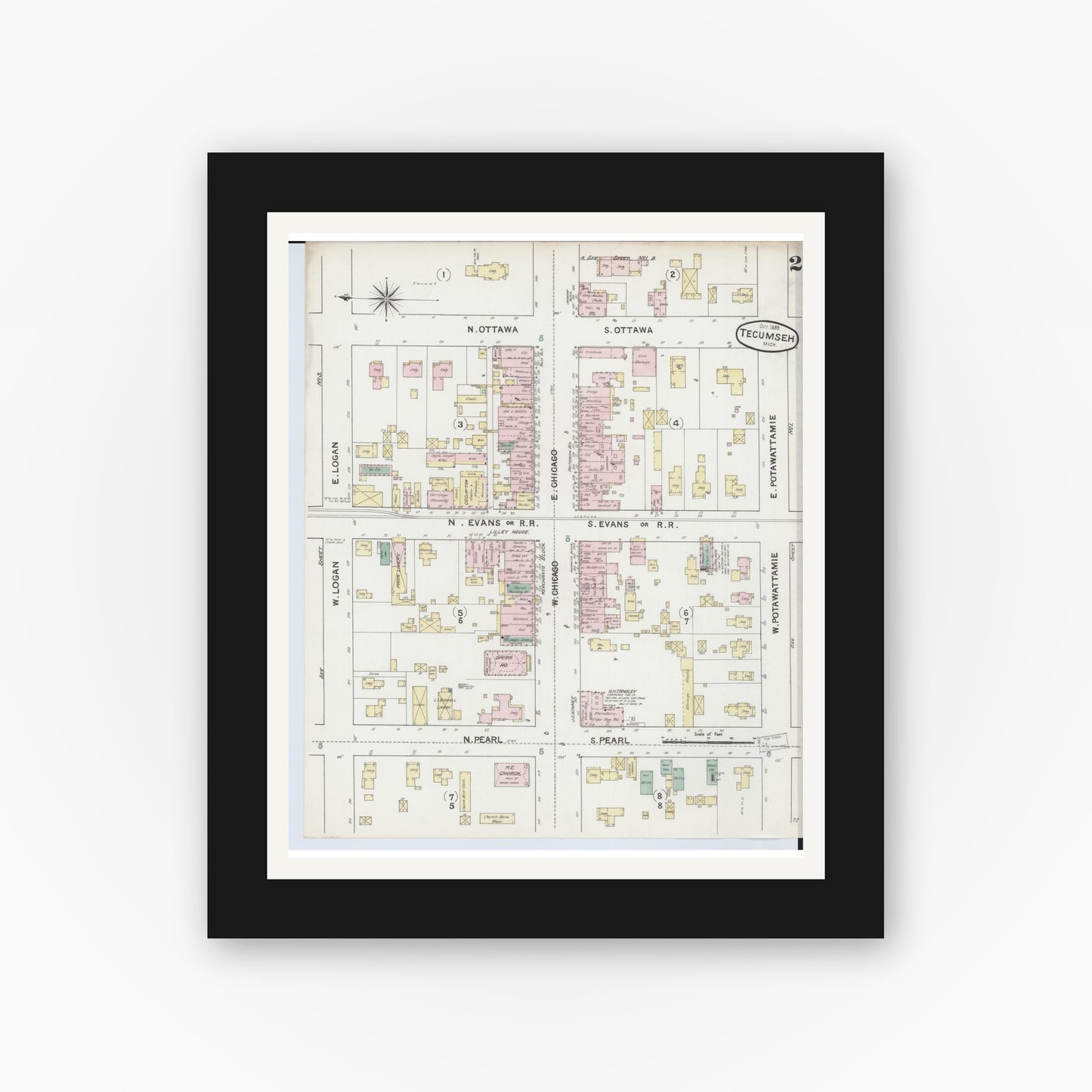 Old map wall art mockup — black gallery frame with white mat — Sanborn Fire Insurance Map from Tecumseh, Lenawee County, Michigan (1888), Sheet #0002