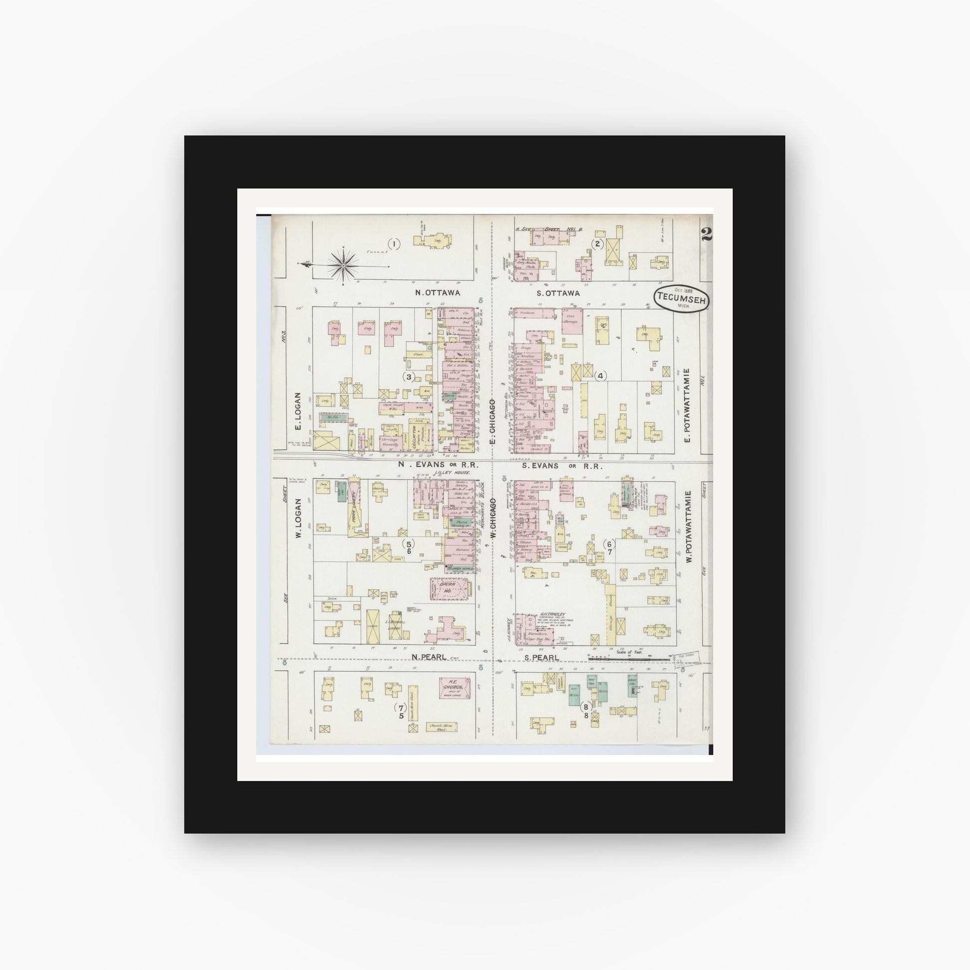 Old map wall art mockup — black gallery frame with white mat — Sanborn Fire Insurance Map from Tecumseh, Lenawee County, Michigan (1888), Sheet #0002