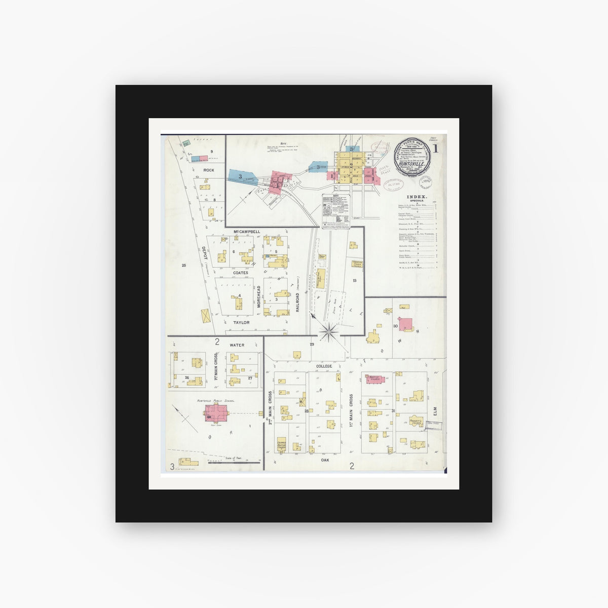 Old map wall art mockup — black gallery frame with white mat — Sanborn Fire Insurance Map from Huntsville, Randolph County, Missouri (1899) - Complete Map Set