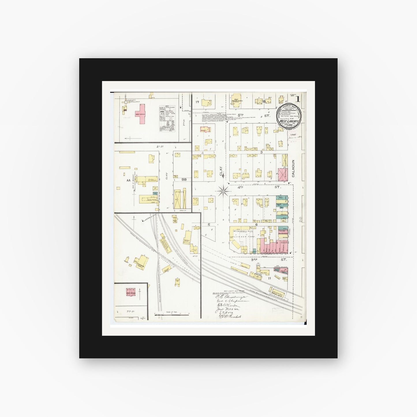Old map wall art mockup — black gallery frame with white mat — Sanborn Fire Insurance Map from West Liberty, Muscatine County, Iowa (1893), Sheet #0001