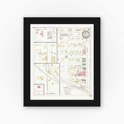 Old map wall art mockup — black gallery frame with white mat — Sanborn Fire Insurance Map from West Liberty, Muscatine County, Iowa (1893), Sheet #0001