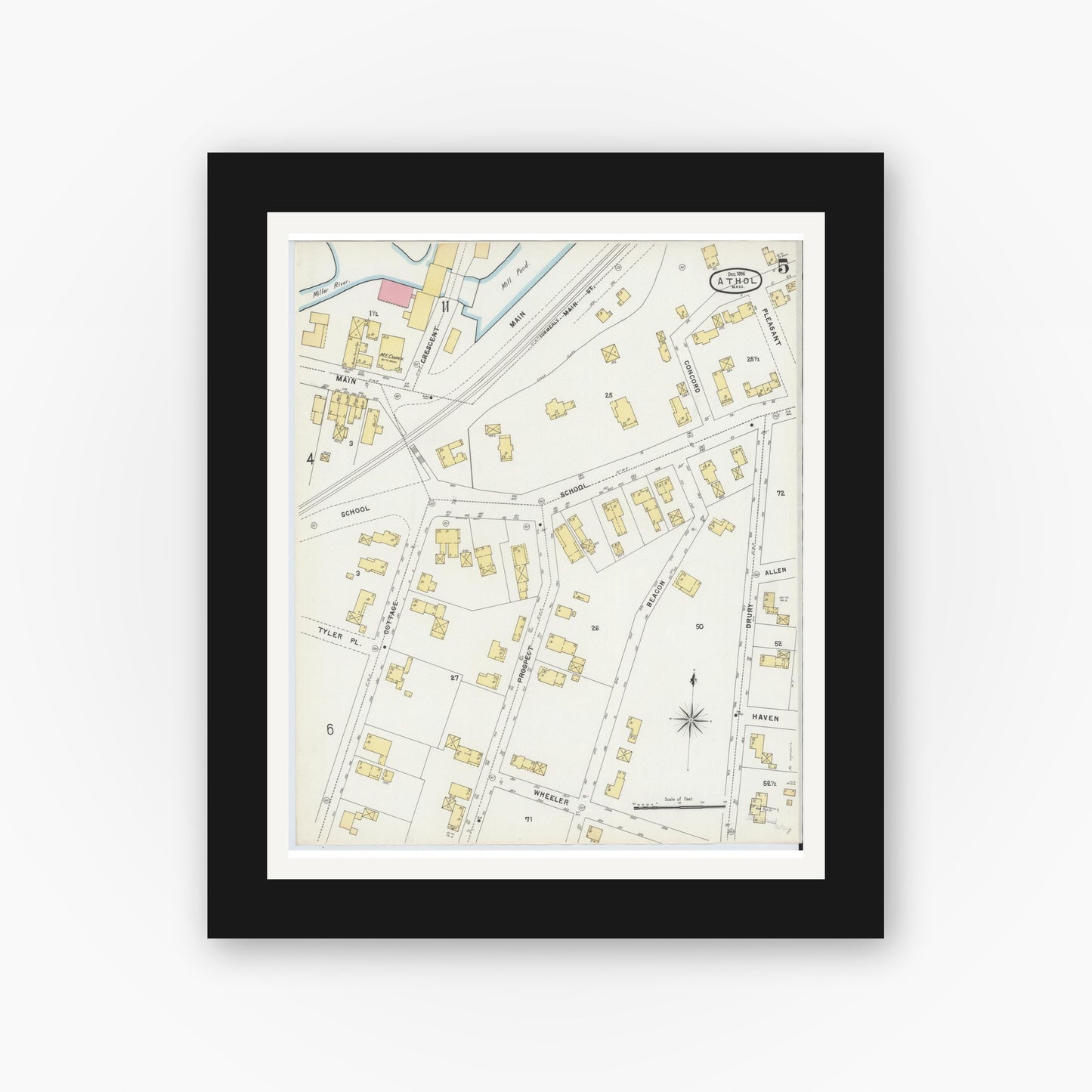 Old map wall art mockup — black gallery frame with white mat — Sanborn Fire Insurance Map from Athol, Worcester County, Massachusetts (1896), Sheet #0005