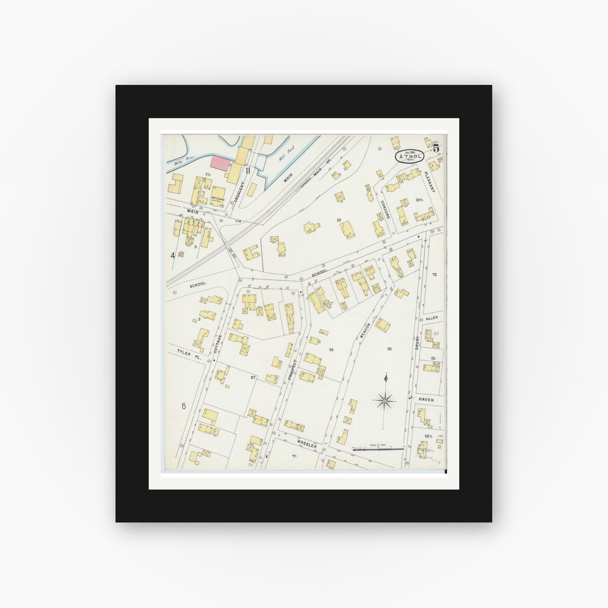 Old map wall art mockup — black gallery frame with white mat — Sanborn Fire Insurance Map from Athol, Worcester County, Massachusetts (1896), Sheet #0005