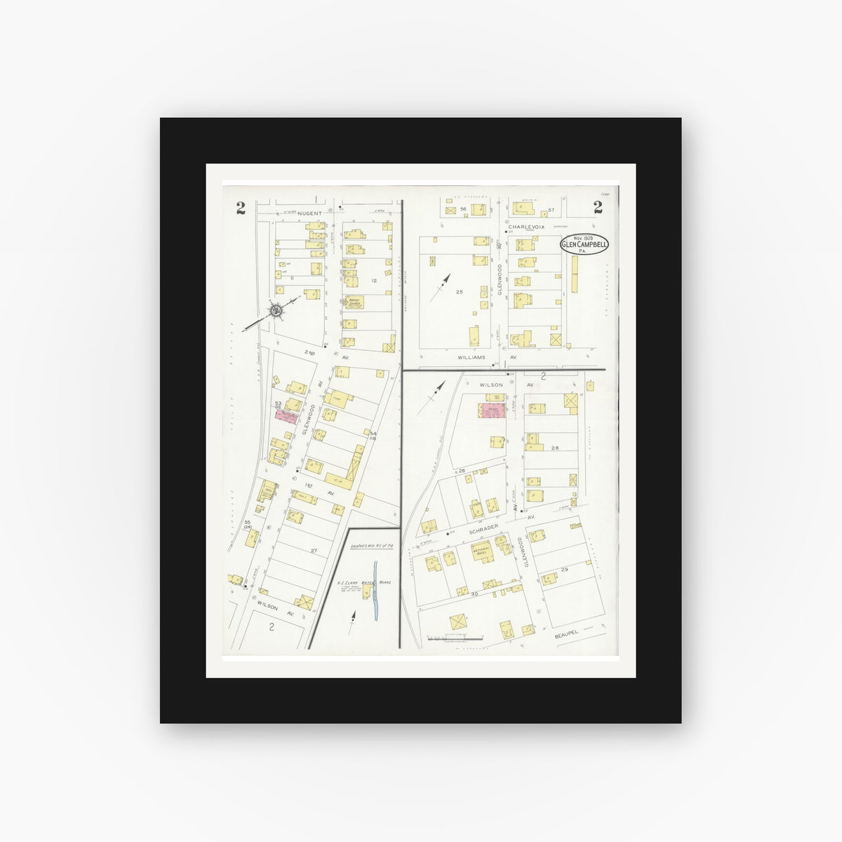 Old map wall art mockup — black gallery frame with white mat — Sanborn Fire Insurance Map from Glen Campbell, Indiana County, Pennsylvania (1929), Sheet #0002
