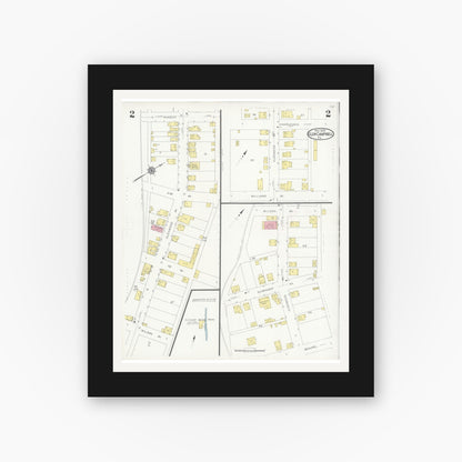 Old map wall art mockup — black gallery frame with white mat — Sanborn Fire Insurance Map from Glen Campbell, Indiana County, Pennsylvania (1929), Sheet #0002