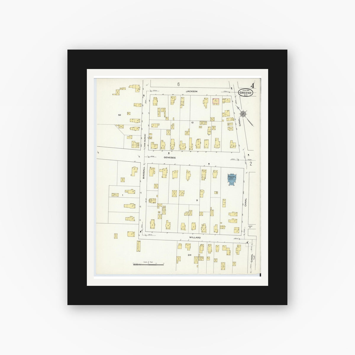Old map wall art mockup — black gallery frame with white mat — Sanborn Fire Insurance Map from Greene, Chenango County, New York (1915), Sheet #0004