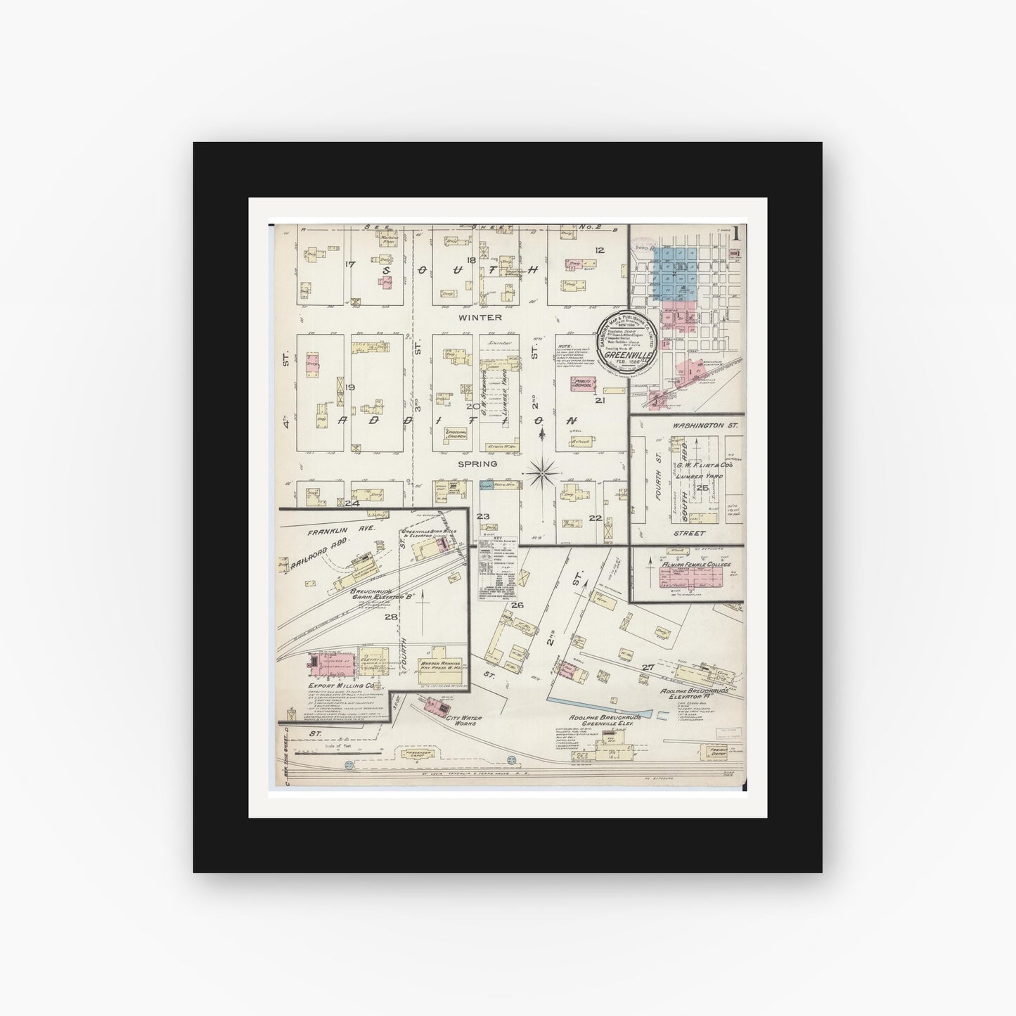 Old map wall art mockup — black gallery frame with white mat — Sanborn Fire Insurance Map from Greenville, Bond County, Illinois (1886), Sheet #0001