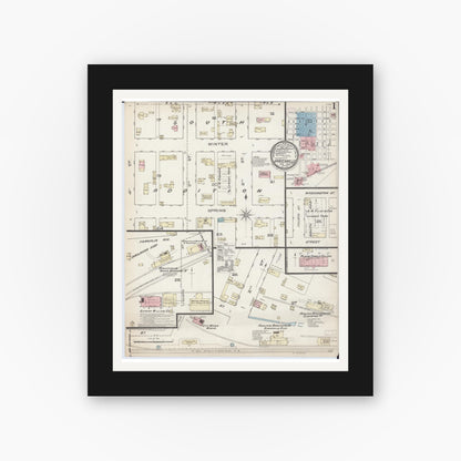 Old map wall art mockup — black gallery frame with white mat — Sanborn Fire Insurance Map from Greenville, Bond County, Illinois (1886), Sheet #0001
