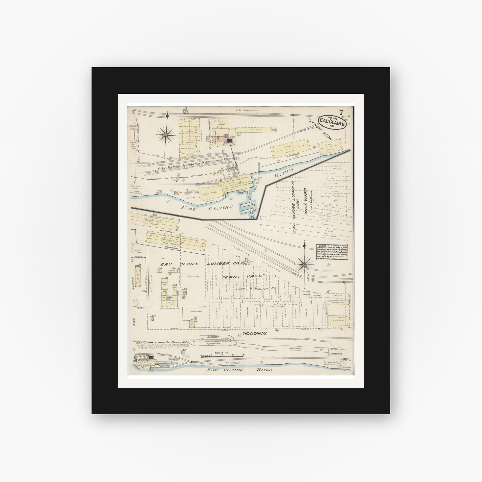 Old map wall art mockup — black gallery frame with white mat — Sanborn Fire Insurance Map from Eau Claire, Eau Claire County, Wisconsin (1883), Sheet #0007
