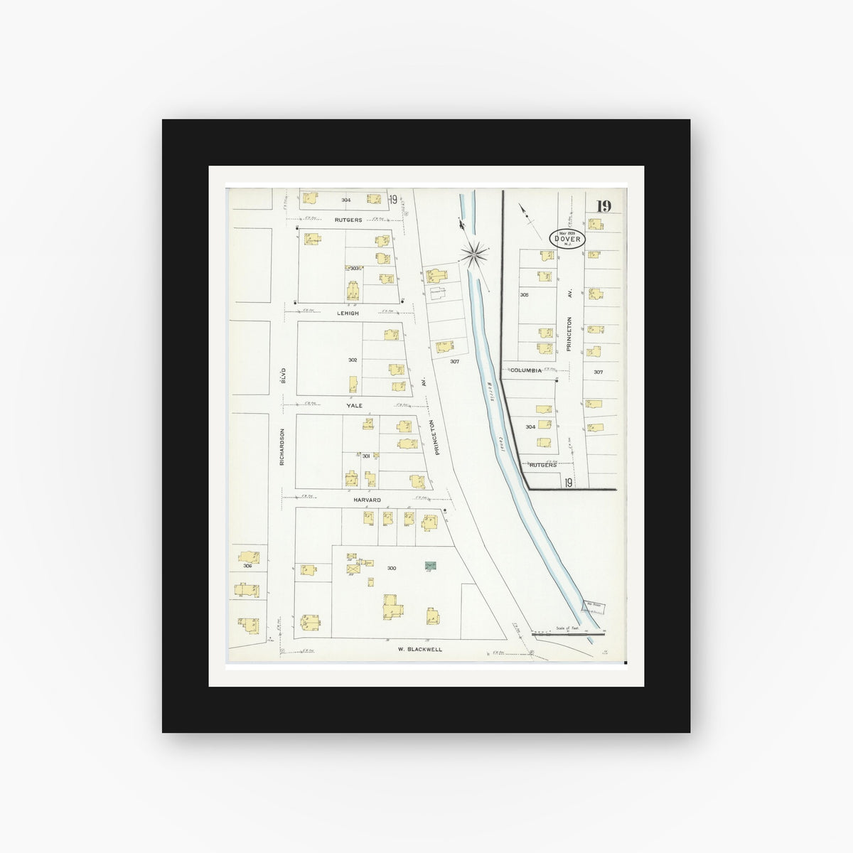 Old map wall art mockup — black gallery frame with white mat — Sanborn Fire Insurance Map from Dover, Morris County, New Jersey (1909), Sheet #0019