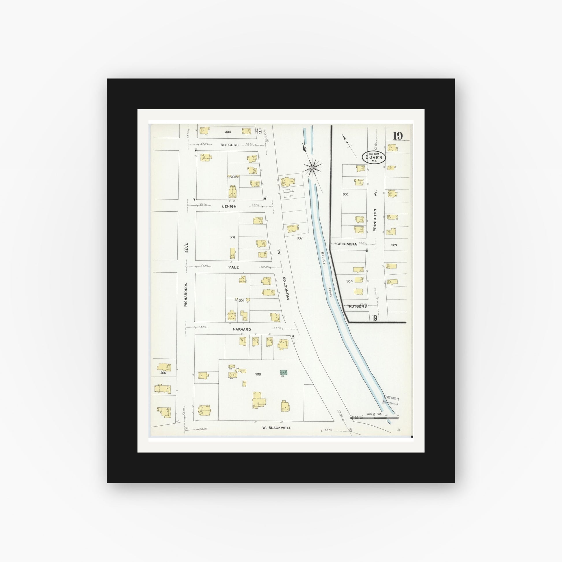 Old map wall art mockup — black gallery frame with white mat — Sanborn Fire Insurance Map from Dover, Morris County, New Jersey (1909), Sheet #0019