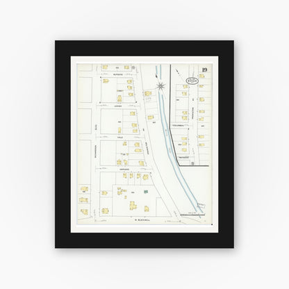 Old map wall art mockup — black gallery frame with white mat — Sanborn Fire Insurance Map from Dover, Morris County, New Jersey (1909), Sheet #0019