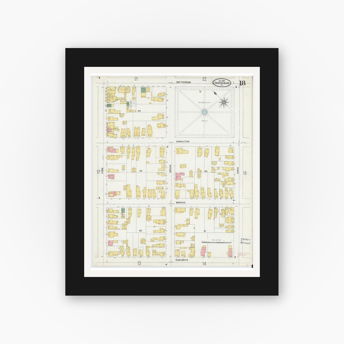 Old map wall art mockup — black gallery frame with white mat — Sanborn Fire Insurance Map from Ogdensburg, St. Lawrence County, New York (1904), Sheet #0018