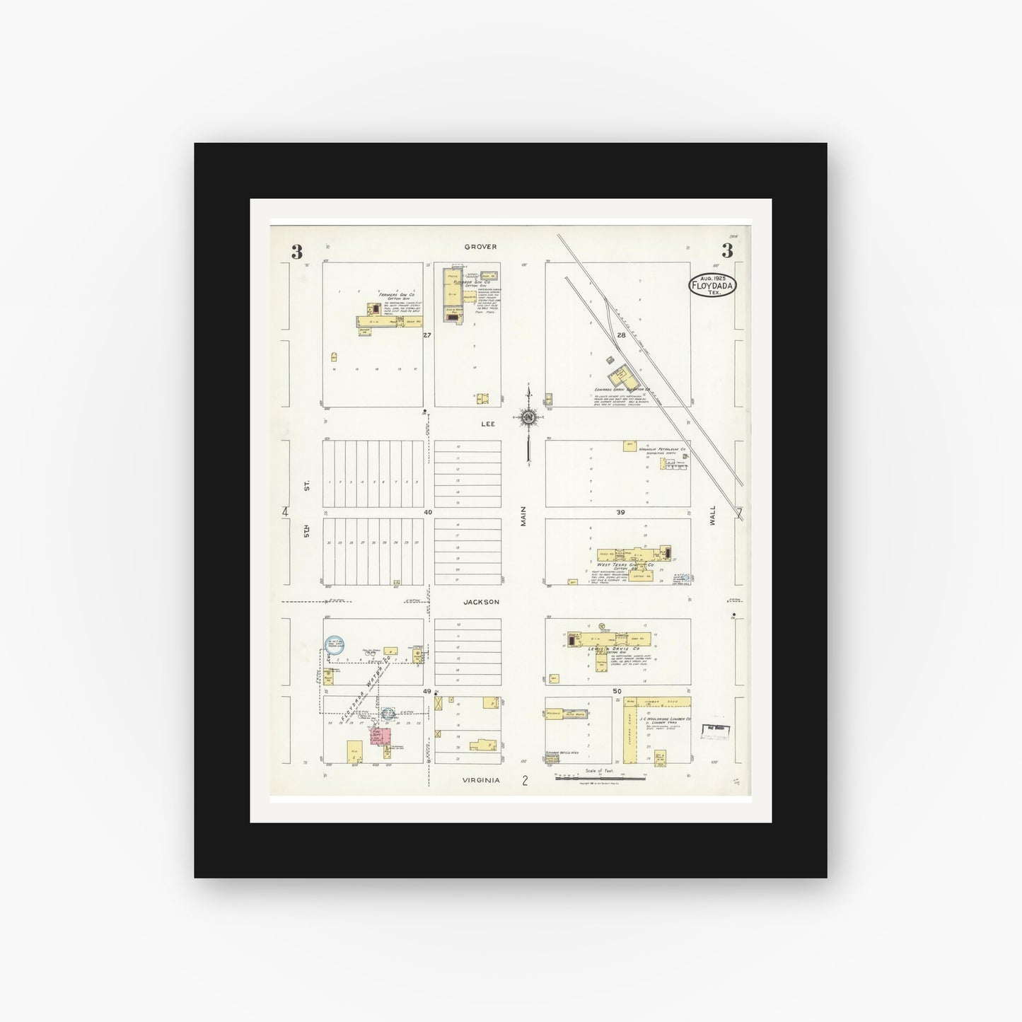 Old map wall art mockup — black gallery frame with white mat — Sanborn Fire Insurance Map from Floydada, Floyd County, Texas (1925), Sheet #0003