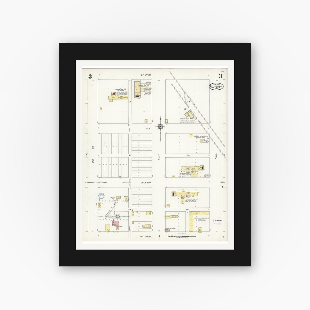 Old map wall art mockup — black gallery frame with white mat — Sanborn Fire Insurance Map from Floydada, Floyd County, Texas (1925), Sheet #0003