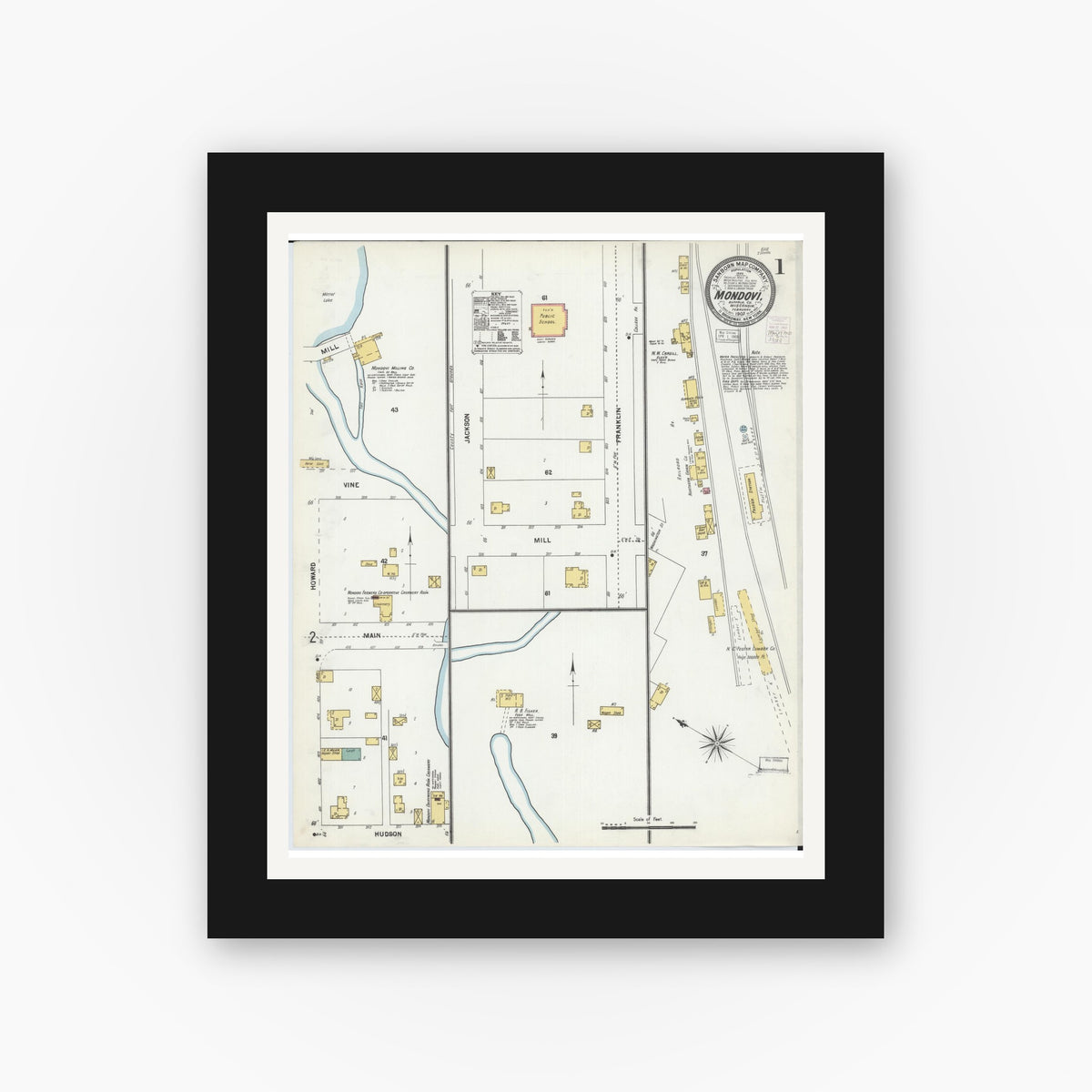 Old map wall art mockup — black gallery frame with white mat — Sanborn Fire Insurance Map from Mondovi, Buffalo County, Wisconsin (1903) - Complete Map Set