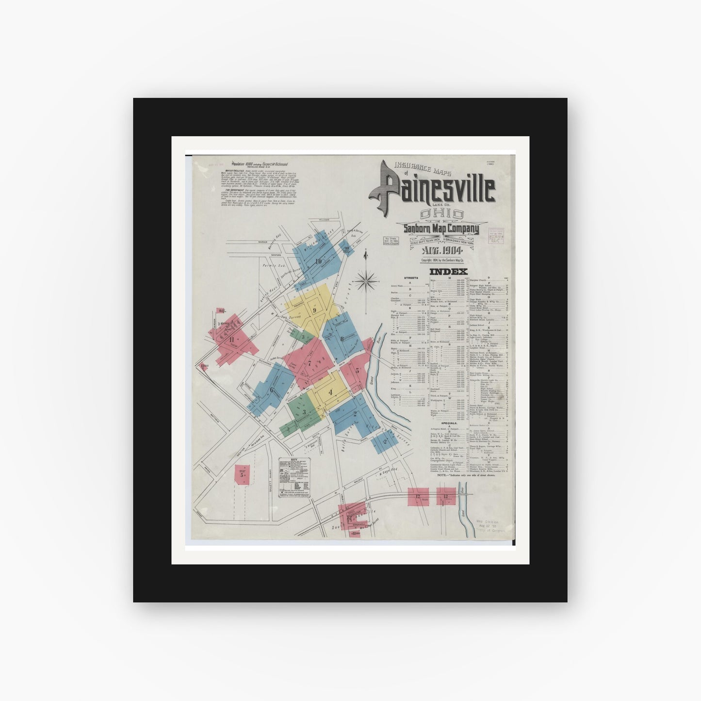 Old map wall art mockup — black gallery frame with white mat — Sanborn Fire Insurance Map from Painesville, Lake County, Ohio (1904) - Complete Map Set