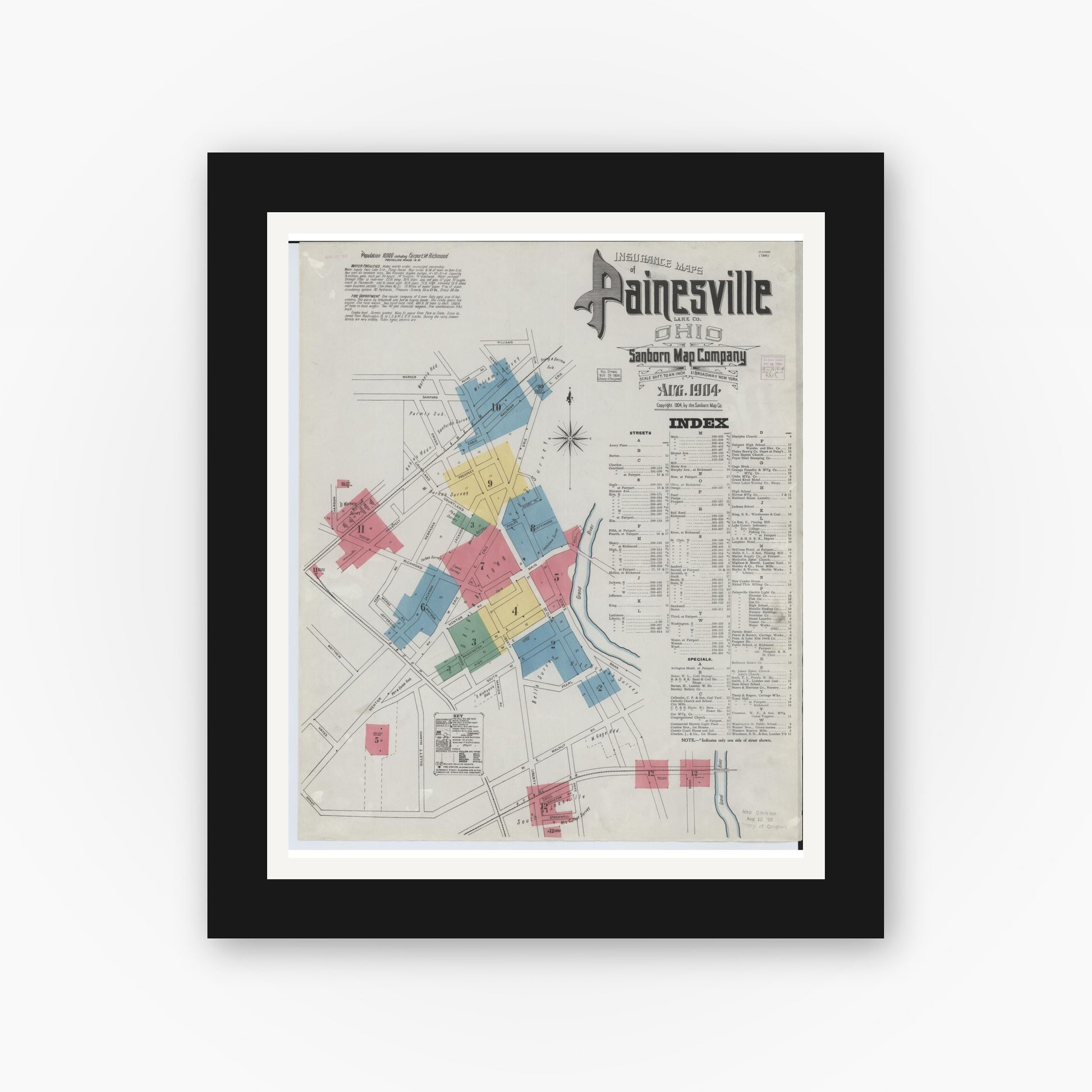Old map wall art mockup — black gallery frame with white mat — Sanborn Fire Insurance Map from Painesville, Lake County, Ohio (1904) - Complete Map Set