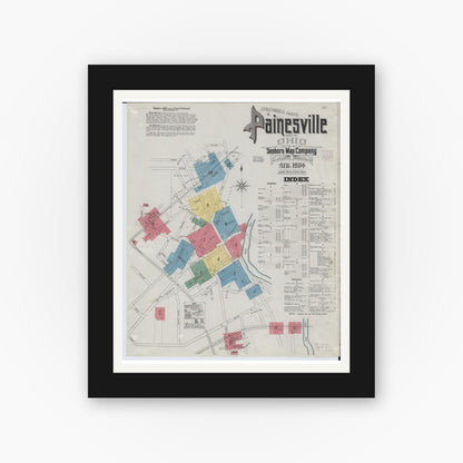 Old map wall art mockup — black gallery frame with white mat — Sanborn Fire Insurance Map from Painesville, Lake County, Ohio (1904) - Complete Map Set