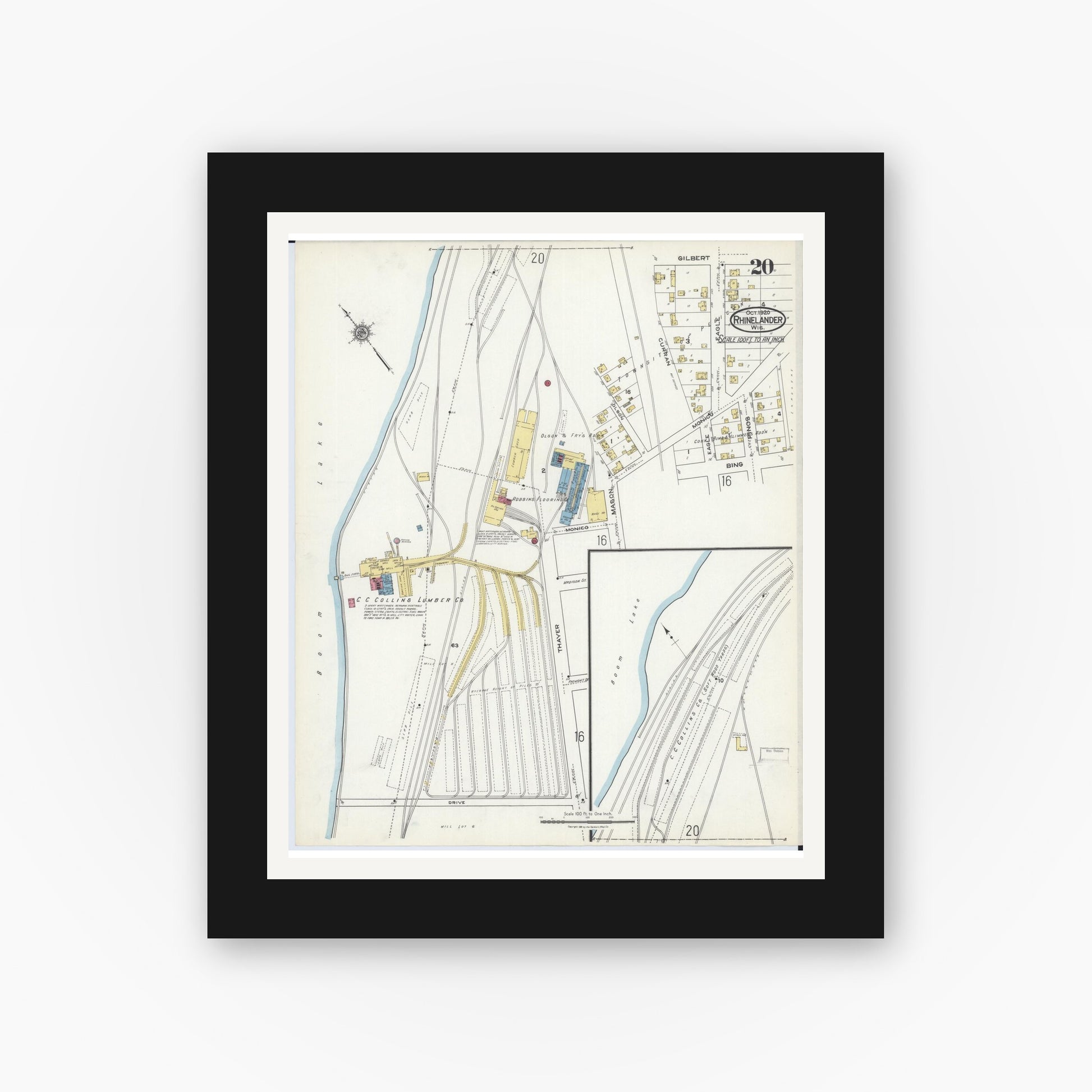Old map wall art mockup — black gallery frame with white mat — Sanborn Fire Insurance Map from Rhinelander, Oneida County, Wisconsin (1920), Sheet #0020