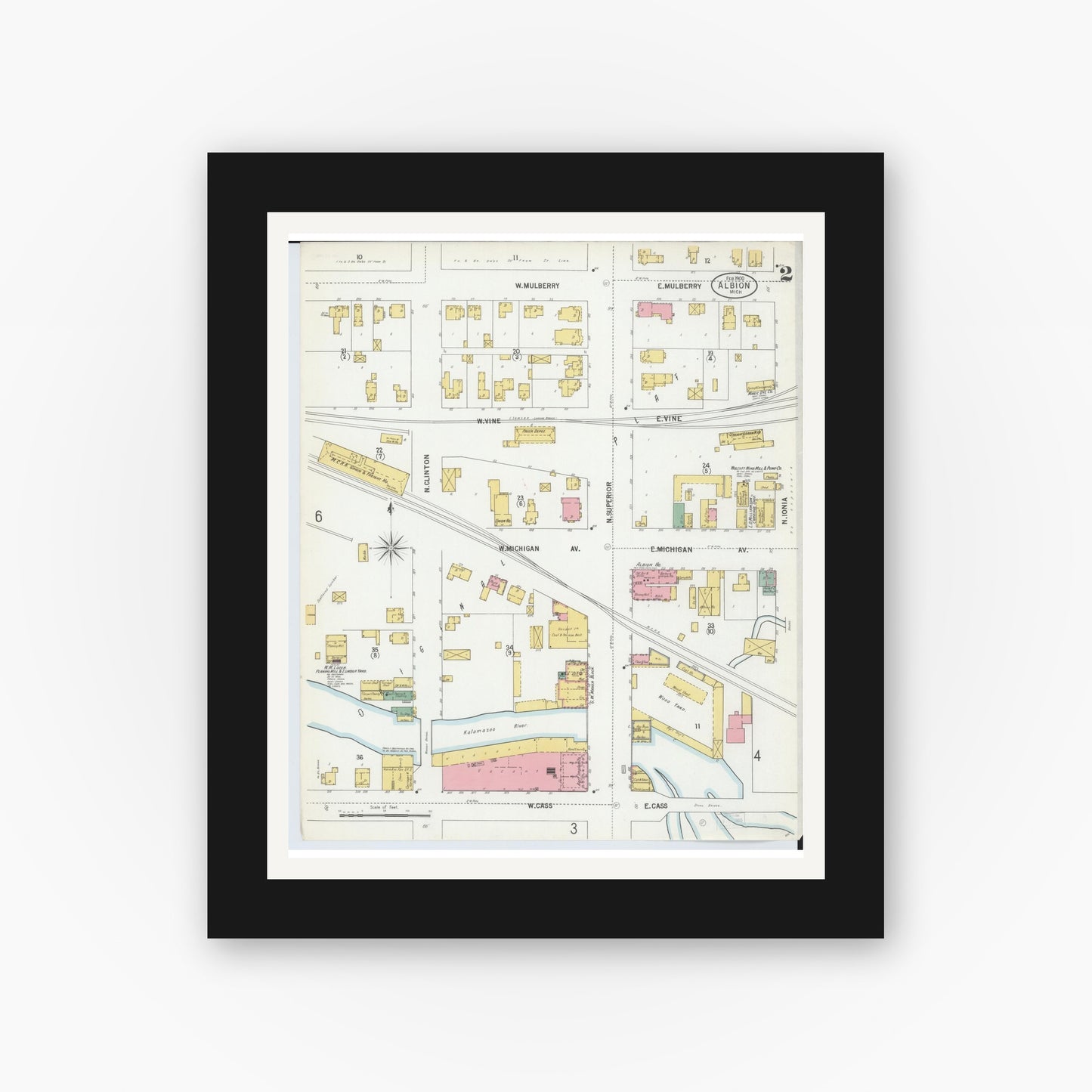 Old map wall art mockup — black gallery frame with white mat — Sanborn Fire Insurance Map from Albion, Calhoun County, Michigan (1900), Sheet #0002