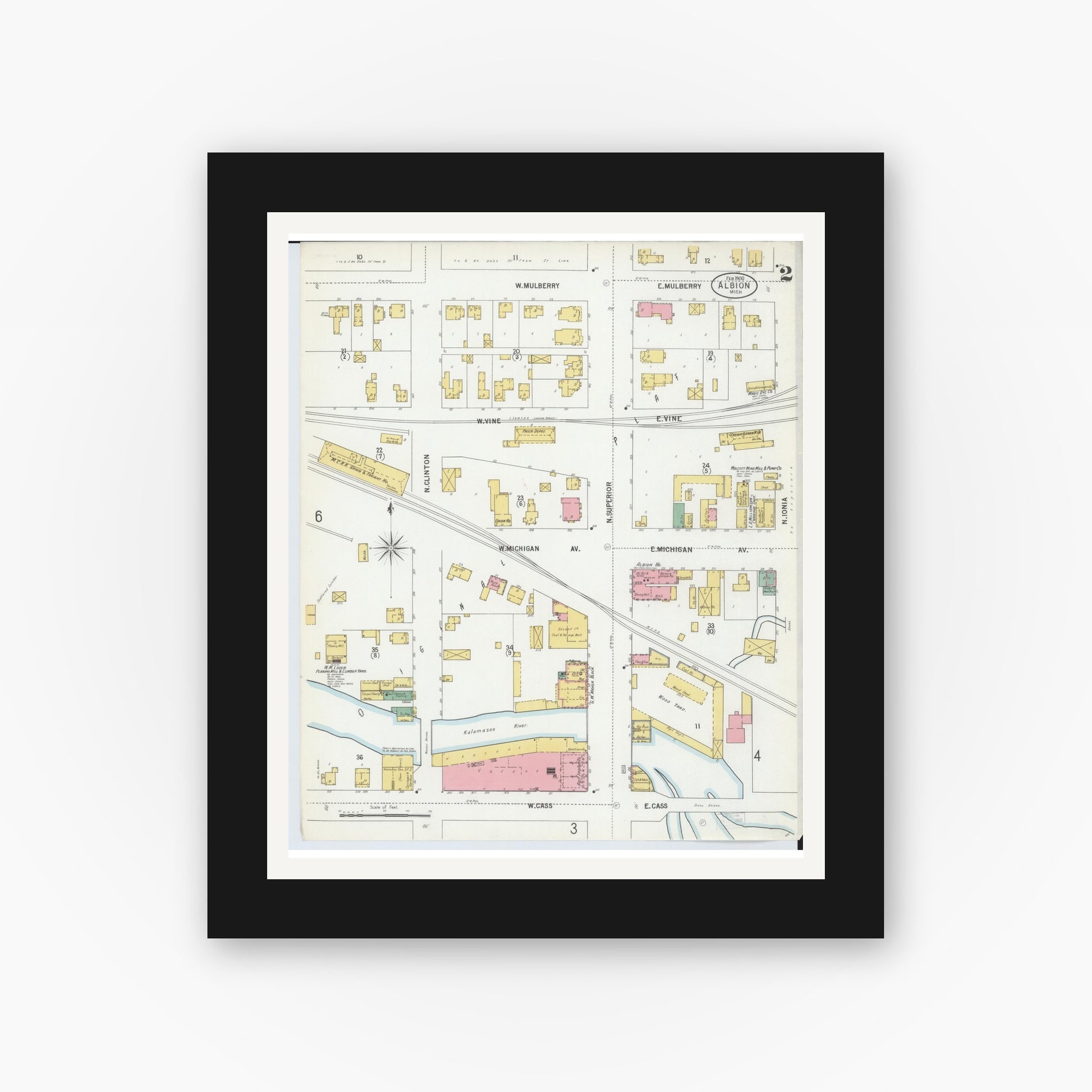 Old map wall art mockup — black gallery frame with white mat — Sanborn Fire Insurance Map from Albion, Calhoun County, Michigan (1900), Sheet #0002
