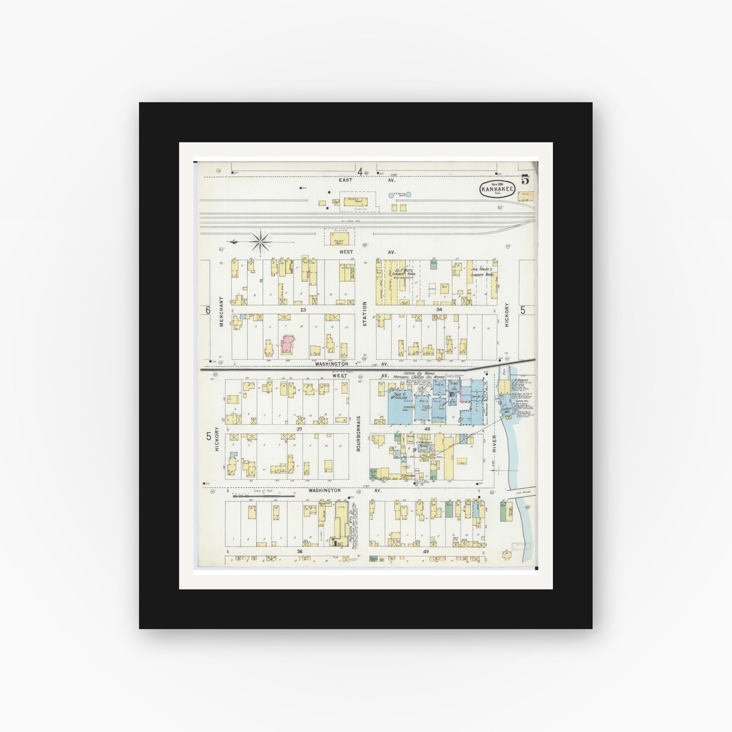 Old map wall art mockup — black gallery frame with white mat — Sanborn Fire Insurance Map from Kankakee, Kankakee County, Illinois (1896), Sheet #0005