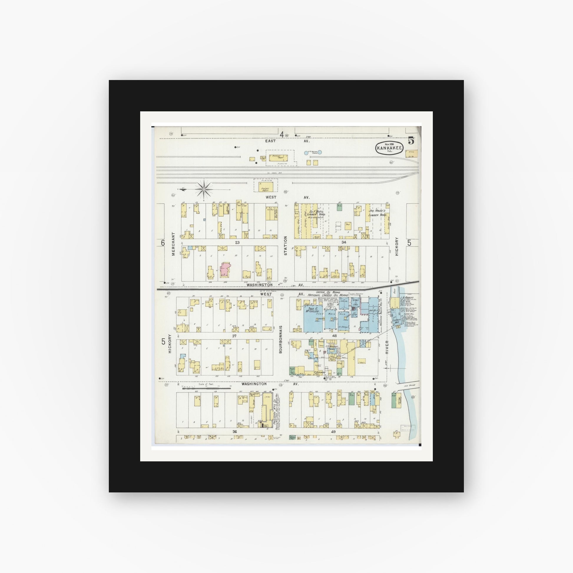 Old map wall art mockup — black gallery frame with white mat — Sanborn Fire Insurance Map from Kankakee, Kankakee County, Illinois (1896), Sheet #0005