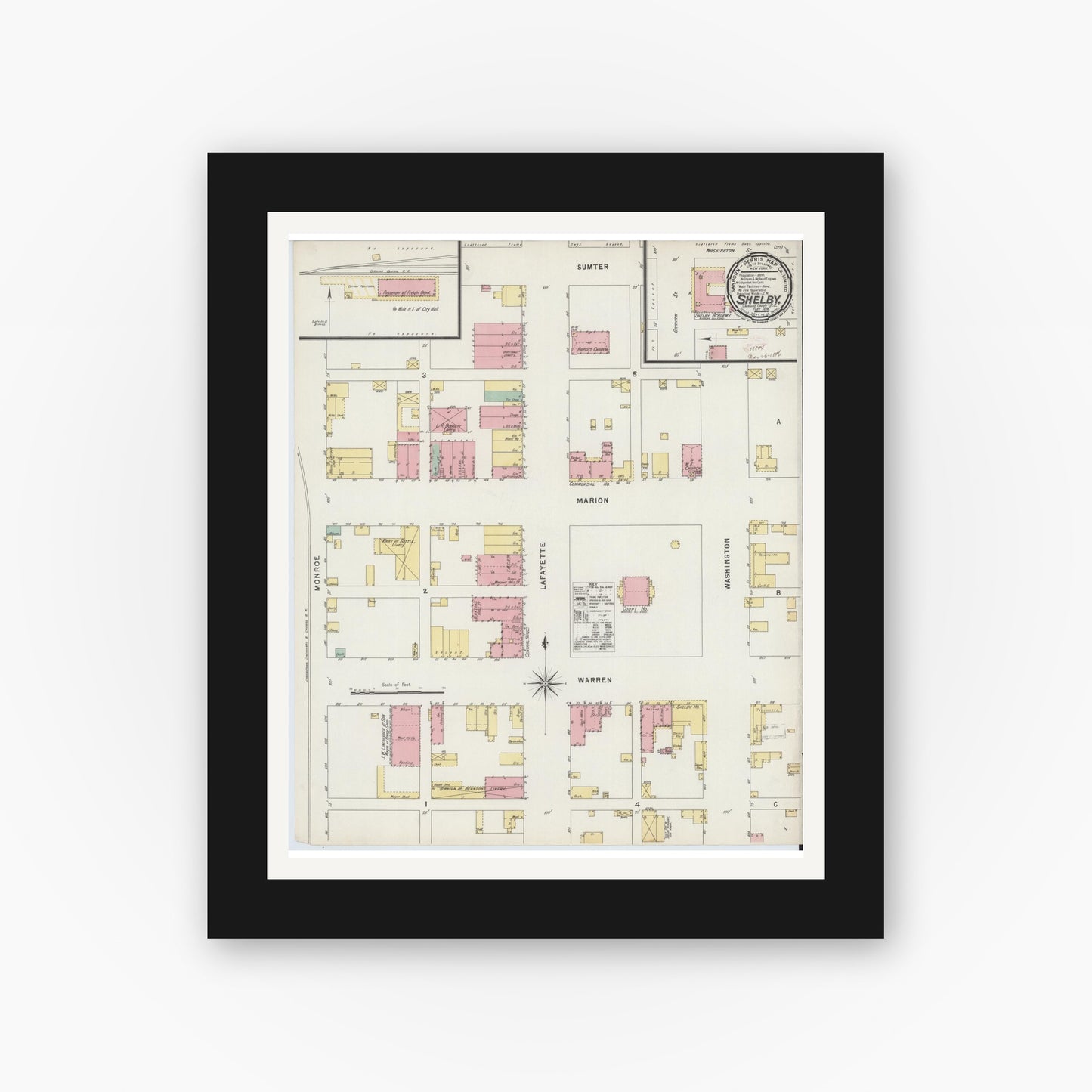 Old map wall art mockup — black gallery frame with white mat — Sanborn Fire Insurance Map from Shelby, Cleveland County, North Carolina (1896), Sheet #0001