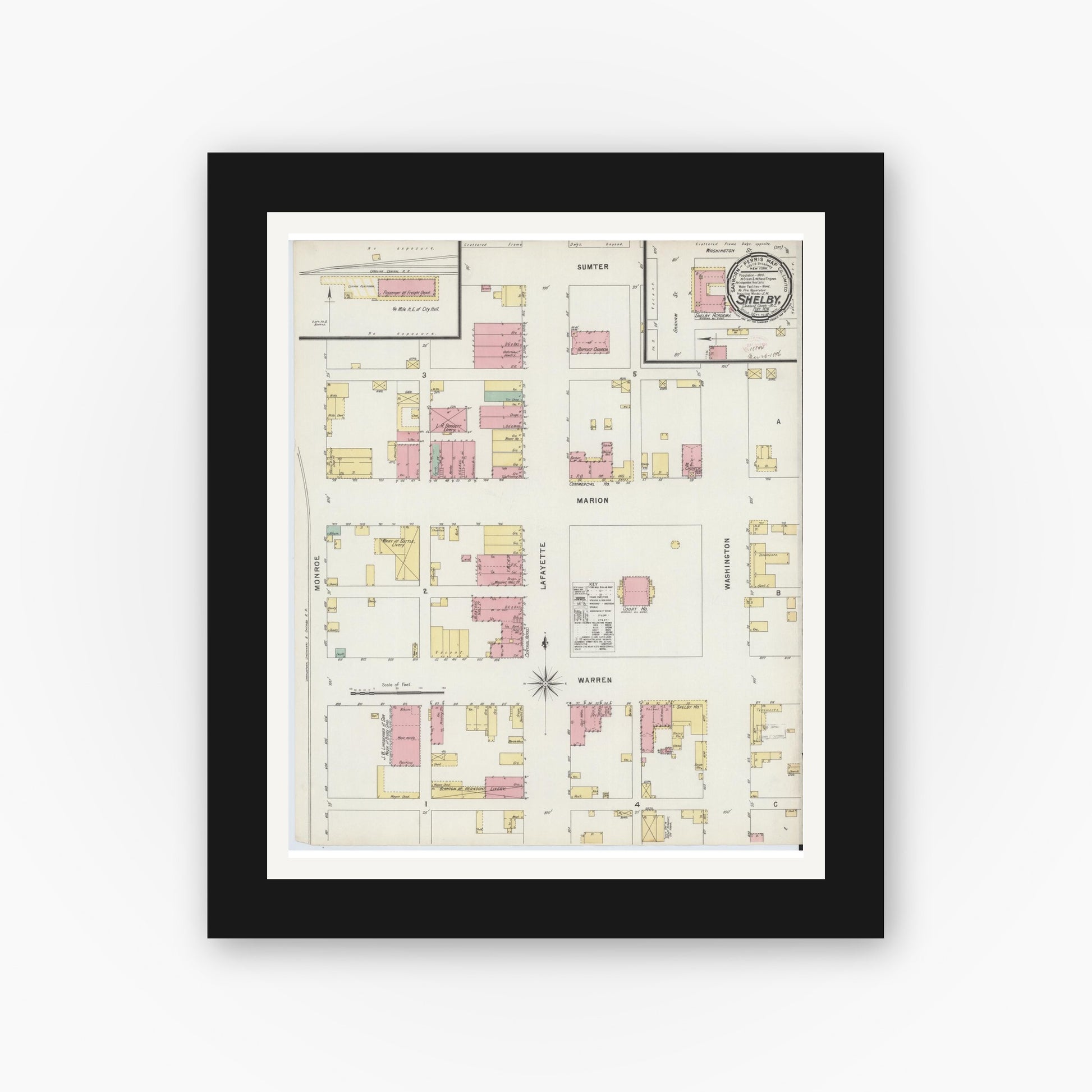 Old map wall art mockup — black gallery frame with white mat — Sanborn Fire Insurance Map from Shelby, Cleveland County, North Carolina (1896), Sheet #0001