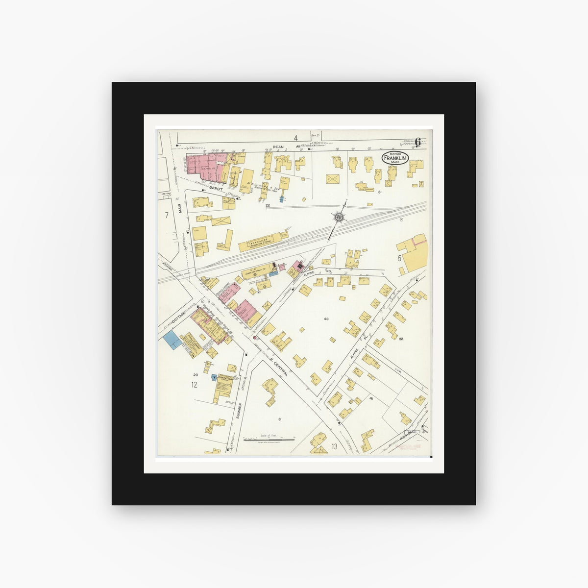 Old map wall art mockup — black gallery frame with white mat — Sanborn Fire Insurance Map from Franklin, Norfolk County, Massachusetts (1919), Sheet #0006