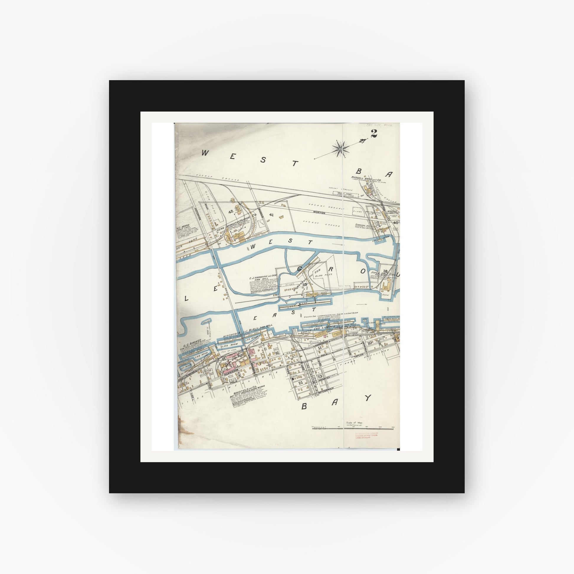 Old map wall art mockup — black gallery frame with white mat — Sanborn Fire Insurance Map from Bay City, Bay County, Michigan (1895), Sheet #0002